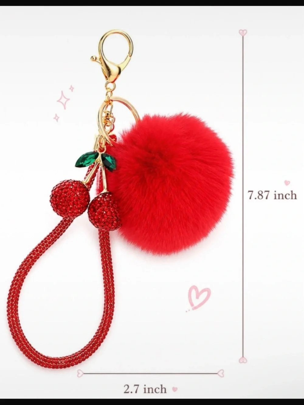 White Cherry Pom Pom Bag Charm Wristlet Keychain